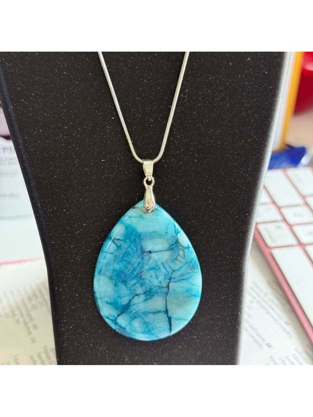 Sterling Silver Chain Necklace with Blue Teardrop Stone Pendant - Picture 3 of 6